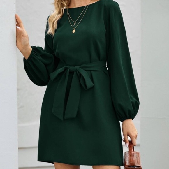 Navy blue lantern long sleeve belted mini dress - Picture 6 of 14